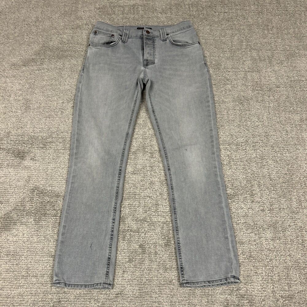 Nudie Grim Tim Jeans Men 33x30 Pale Lead Slim Straight Stretch Blue Gray *Spots